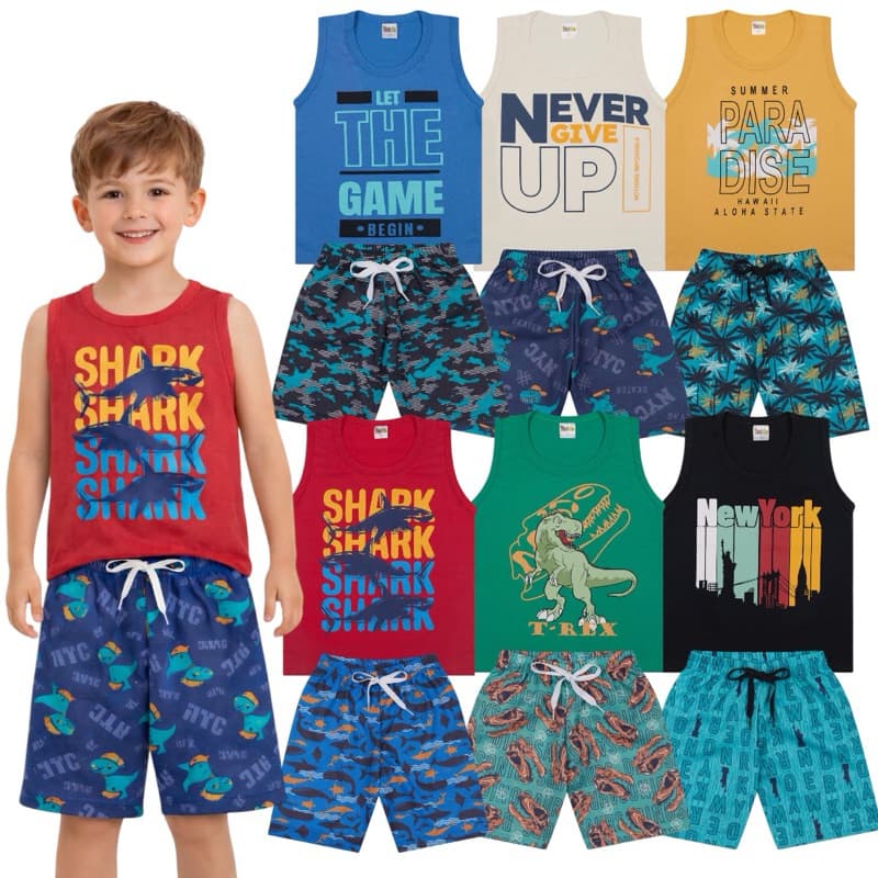 Kit 8 Peças Conjunto Infantil Menino –kit 4 Regatas e 4 Bermudas Verão Roupa Infantil Masculina Bebê