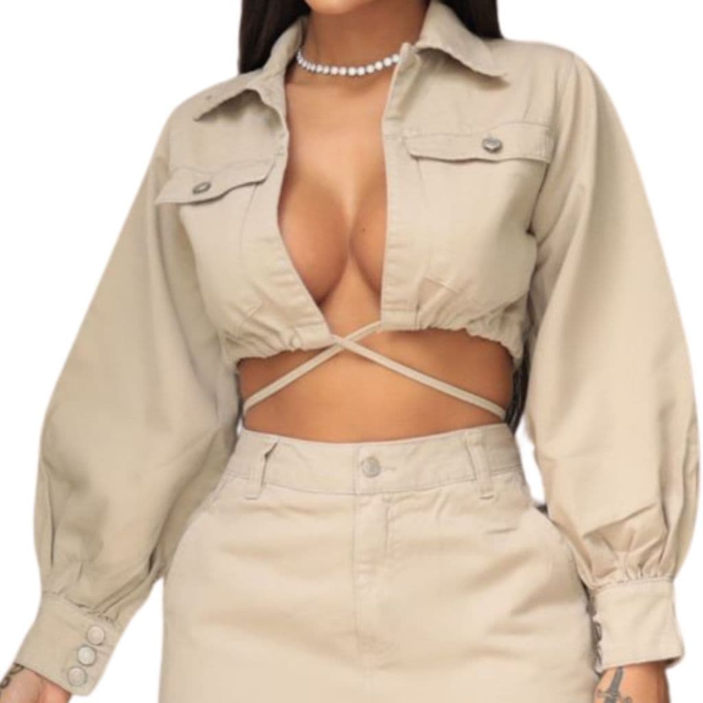 Jaqueta Jeans Feminina Cropped Color com Cordão Amarração Manga Longa Bolsos Varias Cores Algodão