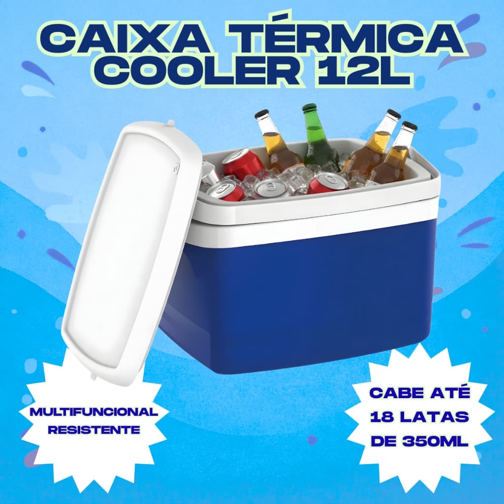 Caixa Térmica Cooler 12 Litros Azul Com Alça Praia Pesca Camping Verão Bebidas Geladas Até 18 Latas