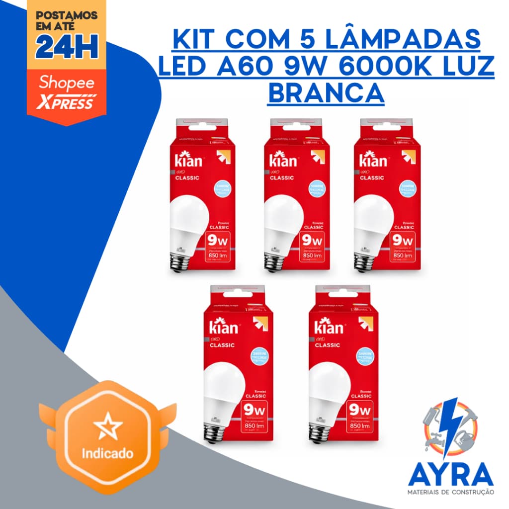 Kit com 5 Lâmpadas LED A60 9W 6000K Luz Branca Kian | Bivolt Econômica e Durável