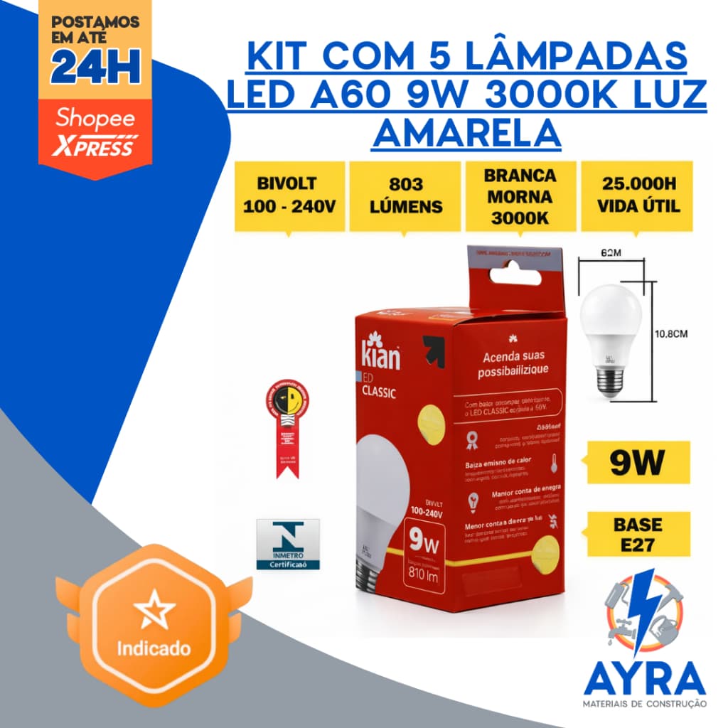 KIT 5 LÂMPADA LED A60 - 09W/3000K - LUZ AMARELA - KIAN - BIVOLT