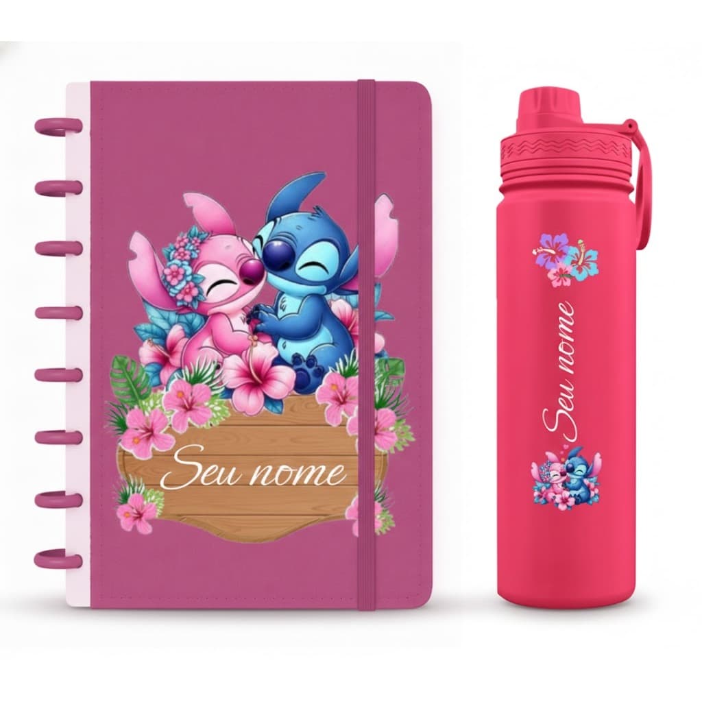 Kit Caderno/Planner de Discos Personalizado e Garrafa Fresh Térmica 600ml  - Caderno A4, B5 e A5  - Ohana e Amor💙🩷
