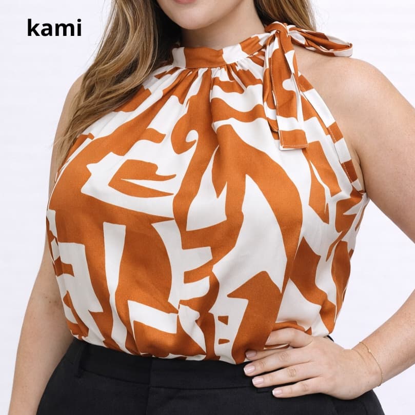 Regata Blusa Feminina Plus Size Crepinho Estampada Chevron com Laço no Ombro