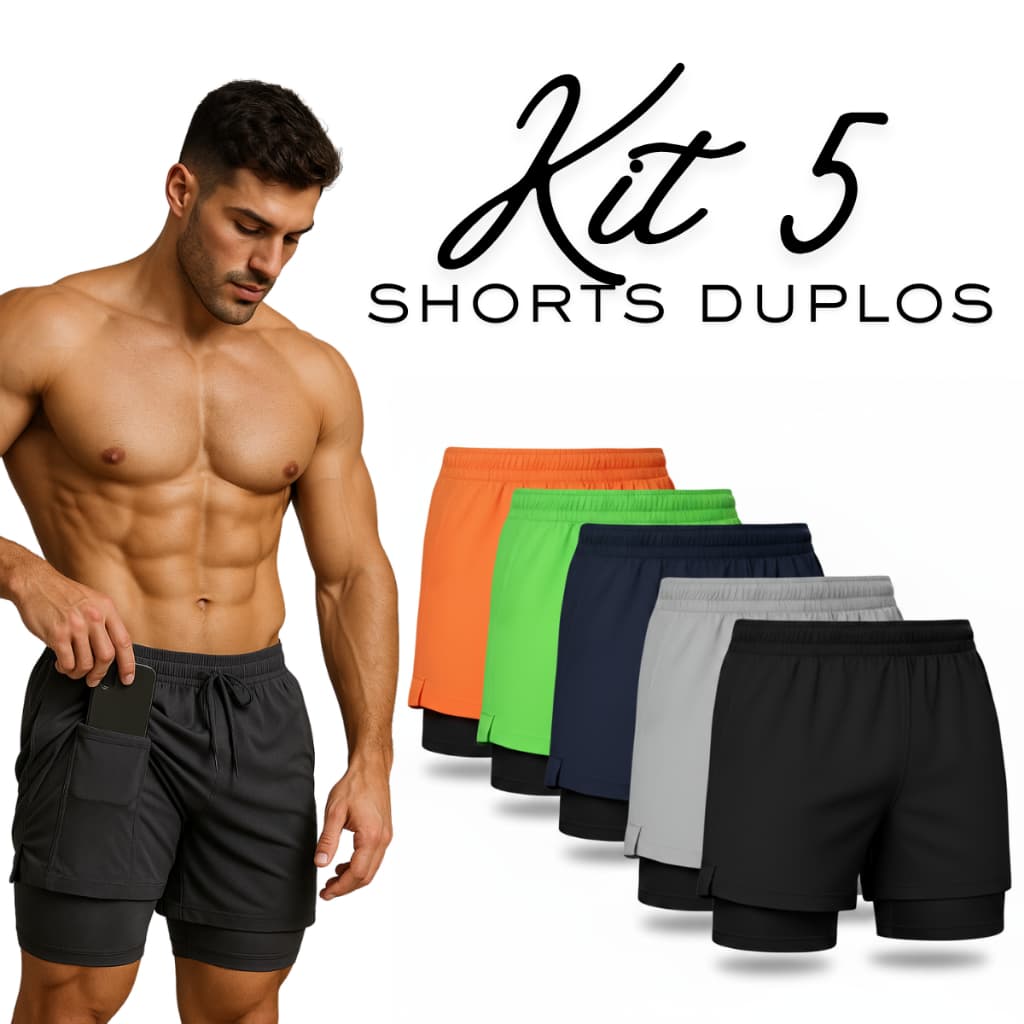Shorts Masculino Duplos 2 Em 1 kit  com 5 para Corrida Academia Bolso Secreto Interno Proteção Uv20+ com compressão real