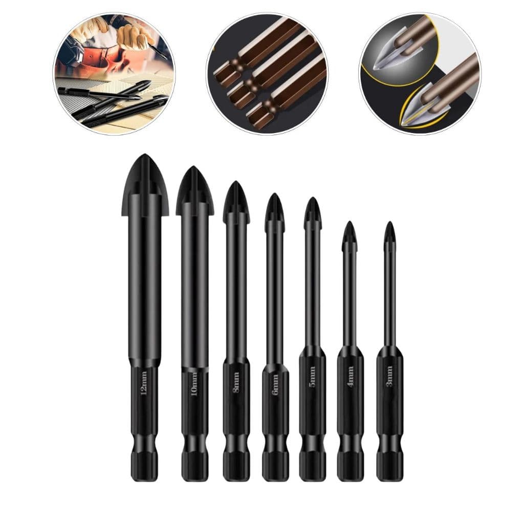 Kit com 7 Brocas De Haste Hexagonal Cruzada para Telha Vidro Mármore Resistente e Durável