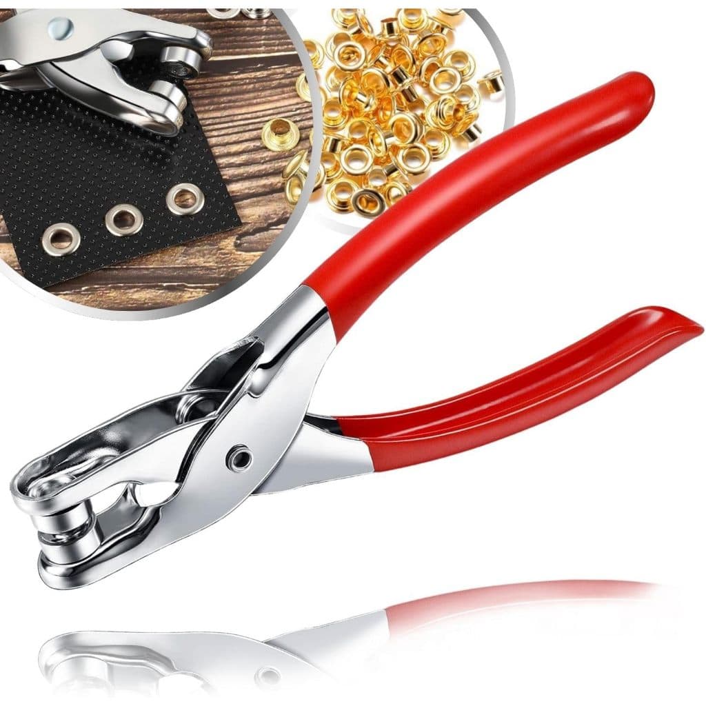 Alicate Fixador Manual Aplicador de Ilhós + 100 Ilhoses Metal Dourado Kit Artesanato Couro Papel EVA Costura Ferramentas