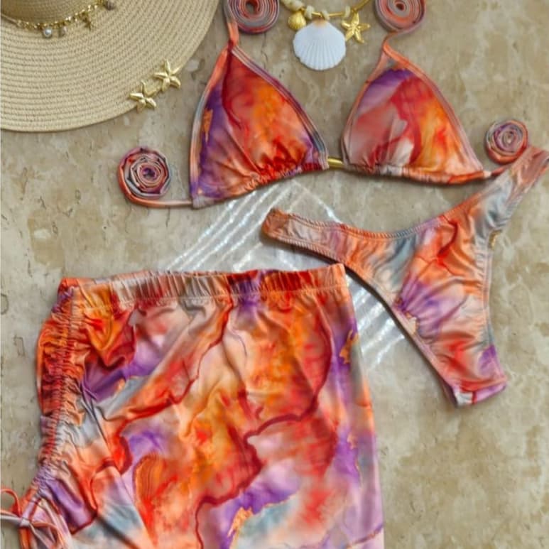 Conjunto de Praia 3 Peças Saia-Top de Biquini-Calcinha estilo Fio Forro duplo Estampas De Verão Tecido Romantic UV