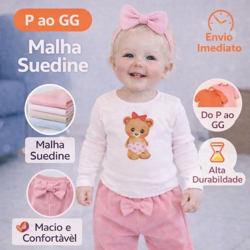 Conjunto Bebê Body Manga Longa + Calça com Laço + Laço de Cabeça – 100% Algodão ✨