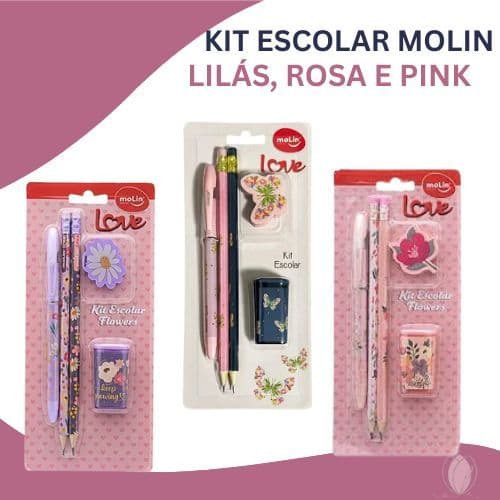 Kit Escolar Molin Love Flowers Lilás, Rosa e Pink – Lápis, Caneta e Acessórios