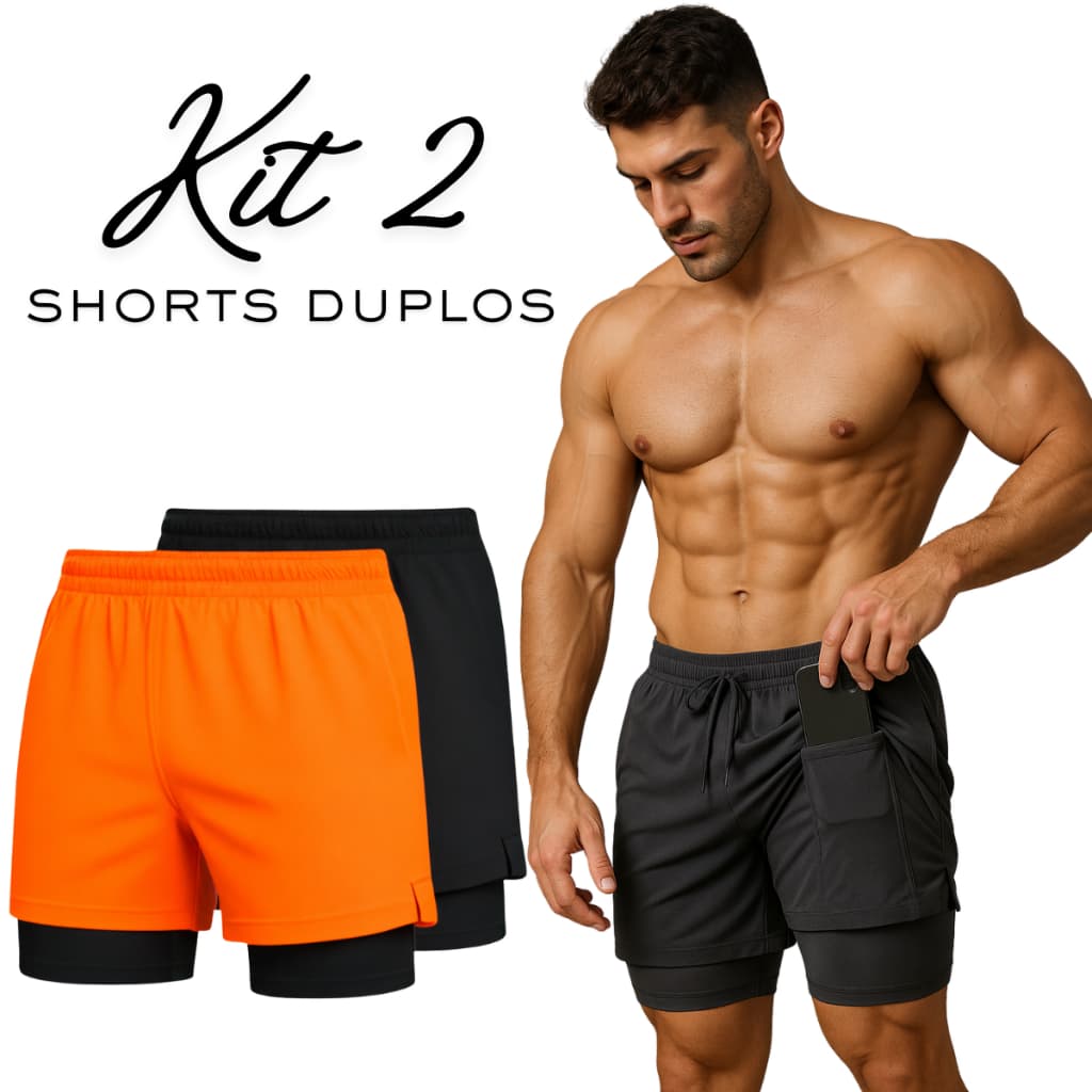 Kit 2 Shorts Duplos 2 Em 1 Para Corrida Academia Bolso Secreto Interno Proteção Uv20+ com compressão real