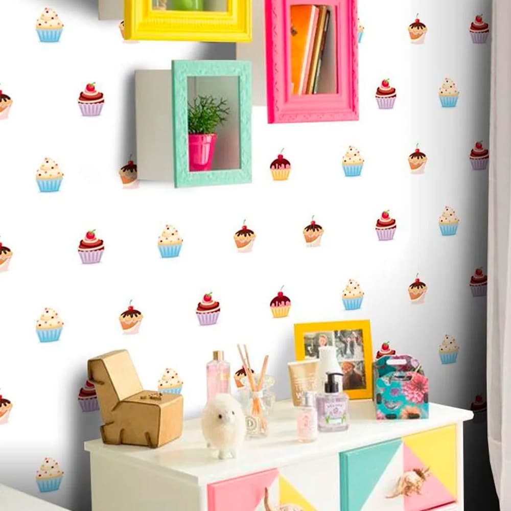 Papel de Parede Cupcakes - Várias Cores  Rolo de 0,58 x 3,00m