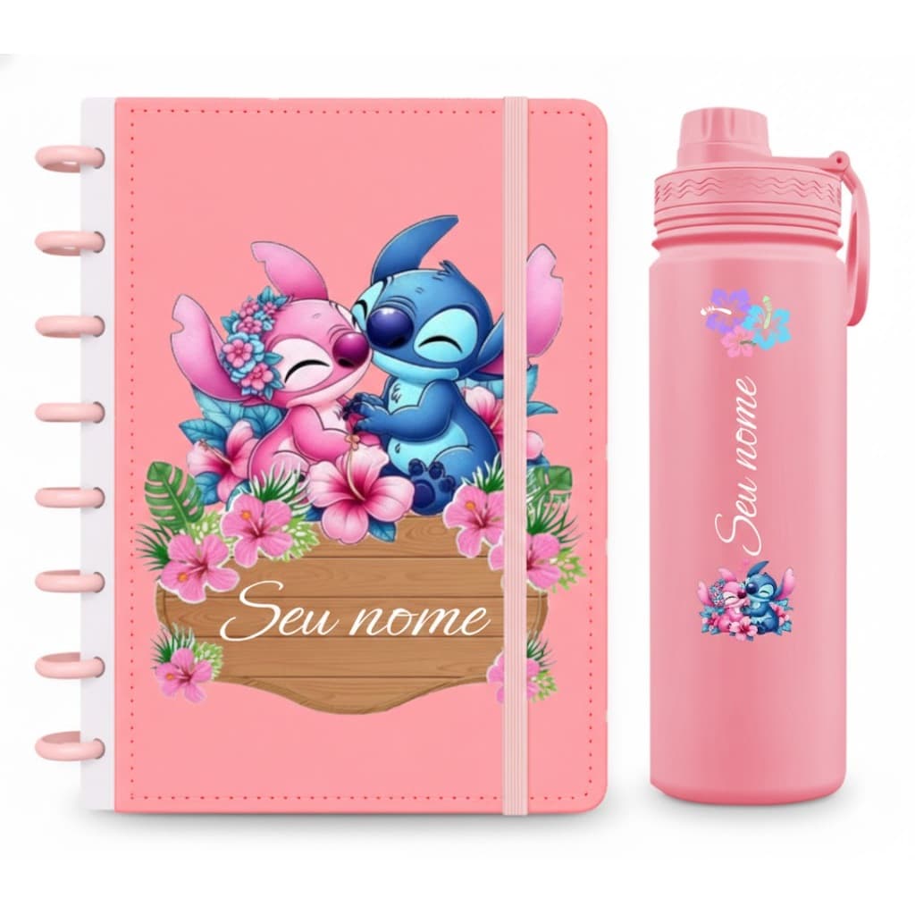 Kit Caderno/Planner de Discos Personalizado e Garrafa Fresh Térmica 800ml  - Caderno A4, B5 e A5  - Ohana e Amor💙🩷