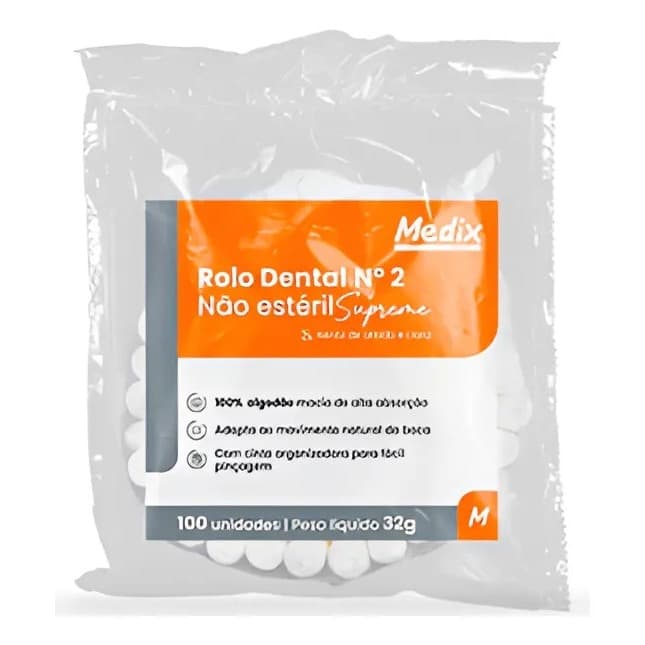 Algodao Rolinho N 02 com 100 unidades Medix Rolo Dental Odontológico