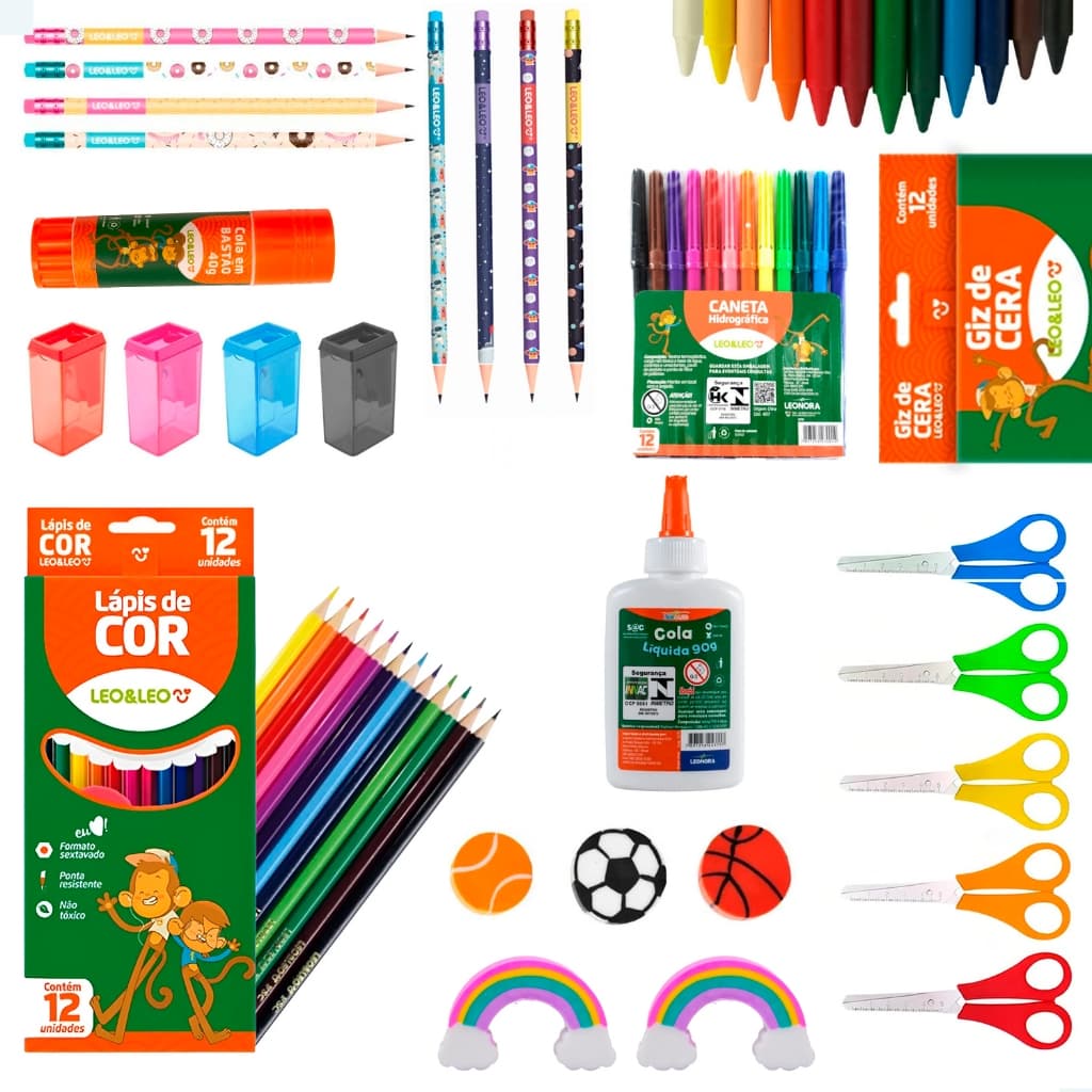 Kit Material Escolar Completo Divertidos Infantil Fundamental - com Lápis de cor - Canetinhas e mais