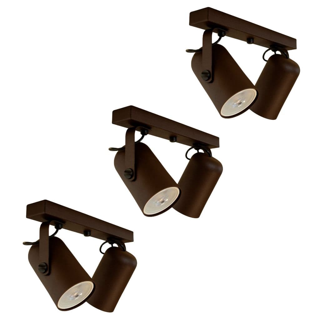 Kit 3 Luminárias Teto Trilho 2 Spots Direcionáveis Marrom