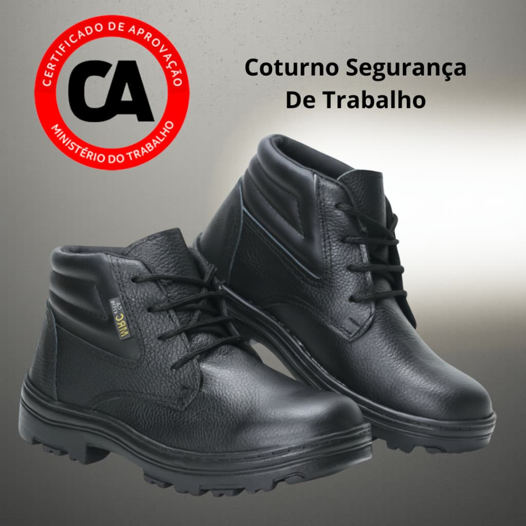 Coturno Preto Segurança De Couro Bota De Amarrar Com CA Epi Trabalho