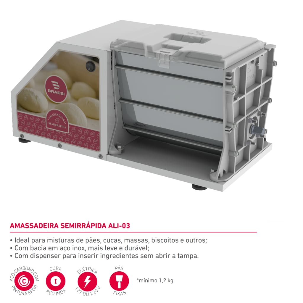 Amassadeira Sova Pão Pizza Massas 3kg Semirápida Braesi 220v