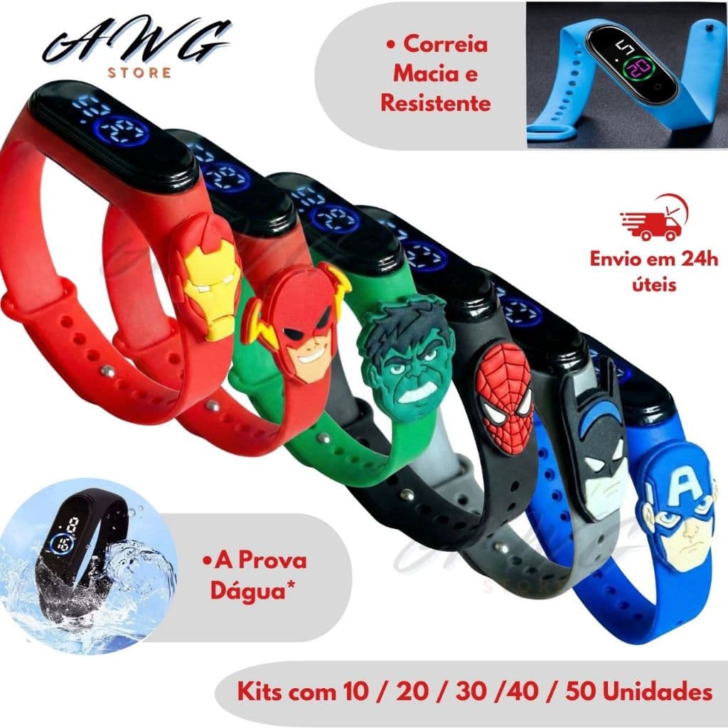 Kit 10-50 Relógios Infantis Super Heróis Lembrancinhas Festa Criança  Led Digital à Prova D’água