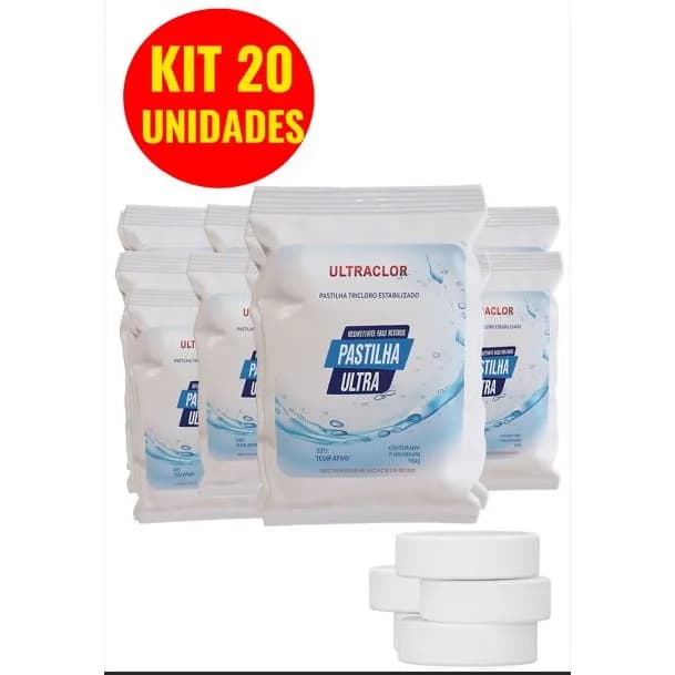 Kit 20 Pastilhas / Tabletes / Pedra Tricolo 90% De Cloro Estabilizado 200g Clarificante Para Piscina Limpeza CompletaTop