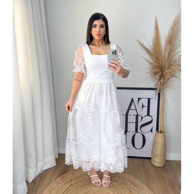 Vestido Longo Renda  de Tule Manga Curta  Princesa Bufante forrado moda evangélica Casamento Noivas Madrinhas