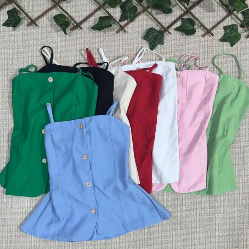 Blusa alça fina tecido sensorial sem bojo com botão na frente com elastano nas costa TAM unico 36-40
