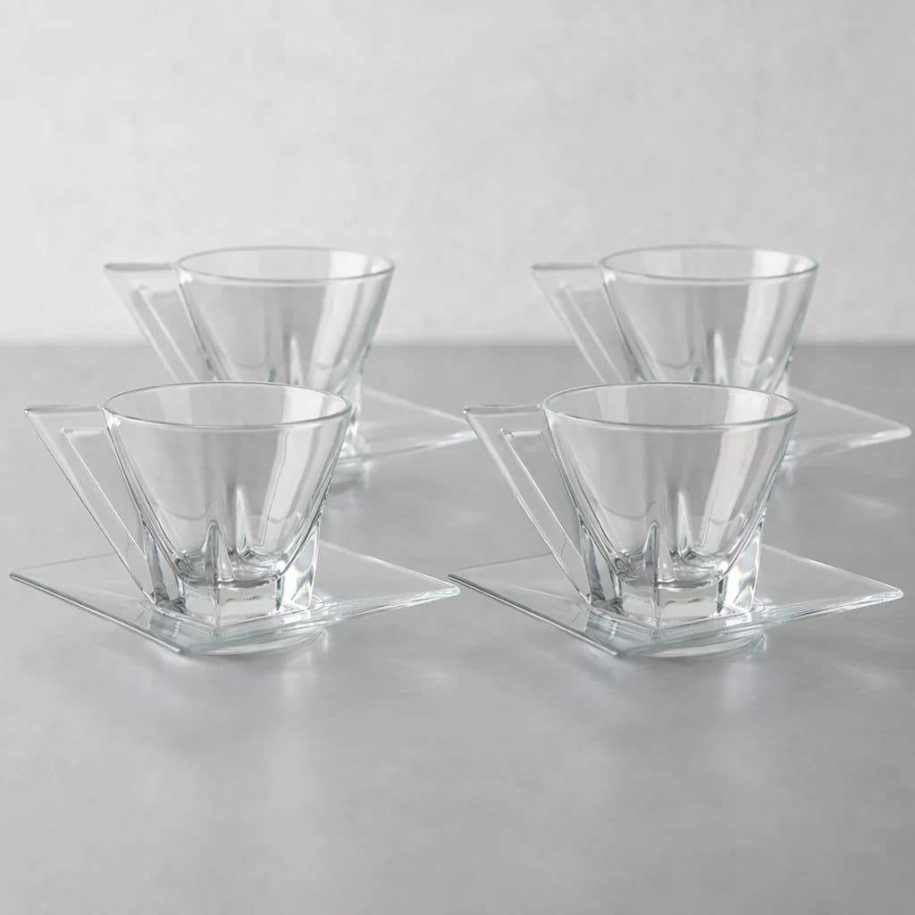 Kit 4 Xícaras de Vidro com Pires Quadrado Transparente 190ml