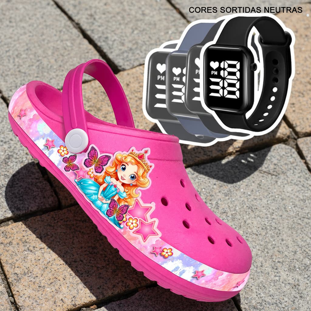 kit Babuche Max Infantil Menina Sandália chinelo Papete Desenhos + Relógio Digital: (cores sortidas)