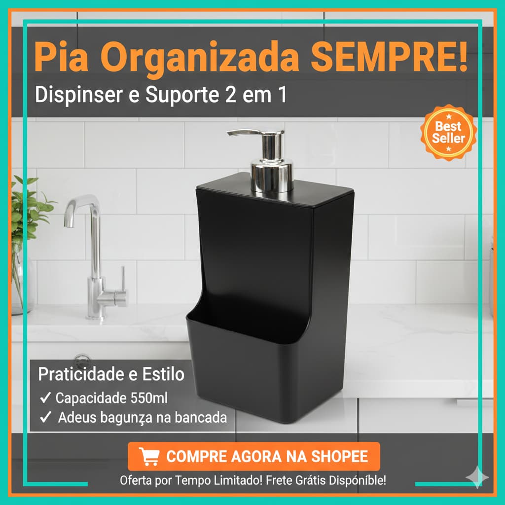Dispenser Porta Detergente com Suporte 2 em 1 | Organizador de Pia 550ml Cozinha Moderna