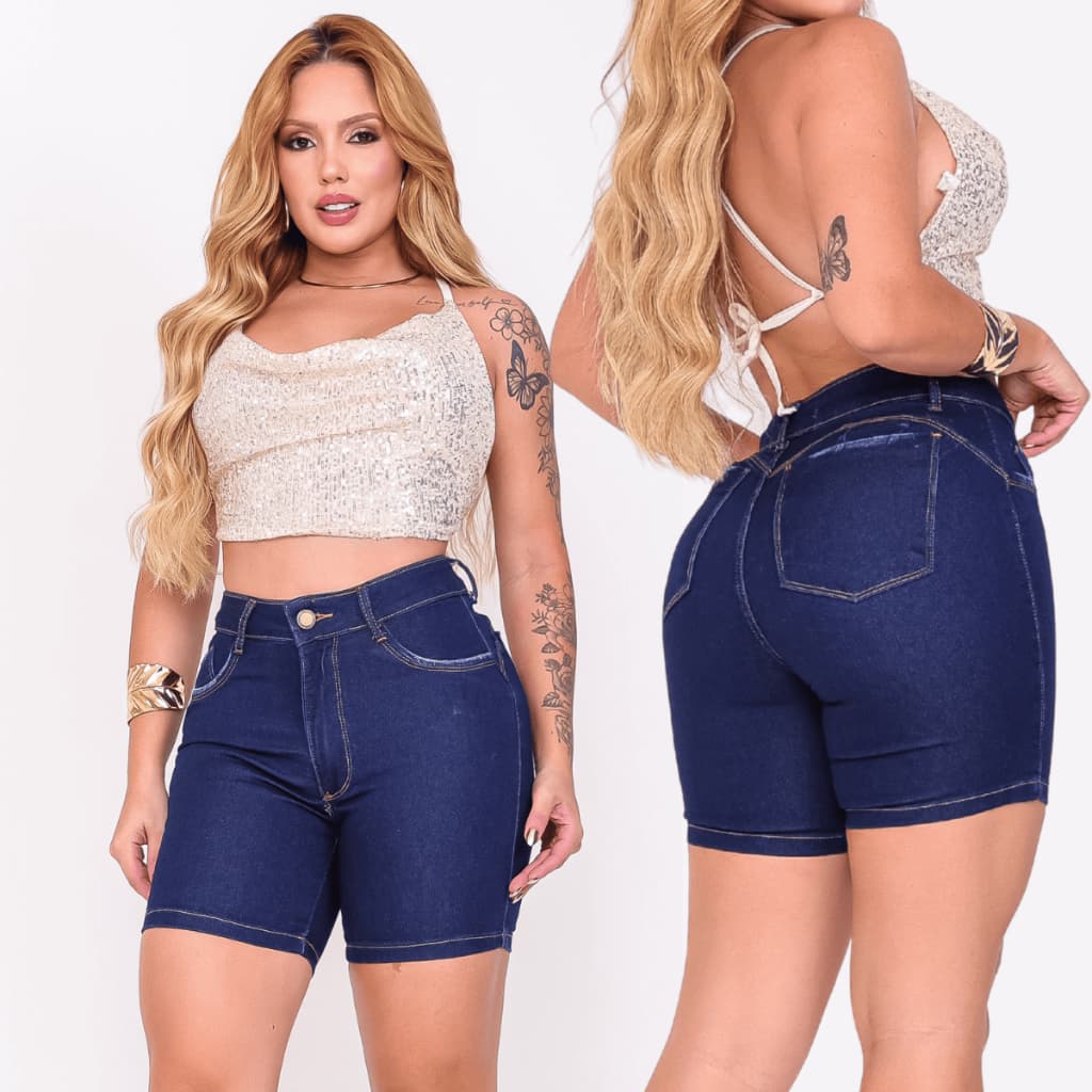 Short Meia Coxa Jeans Feminina Cintura Alta com Elastano Cós Alto Com Pinças
