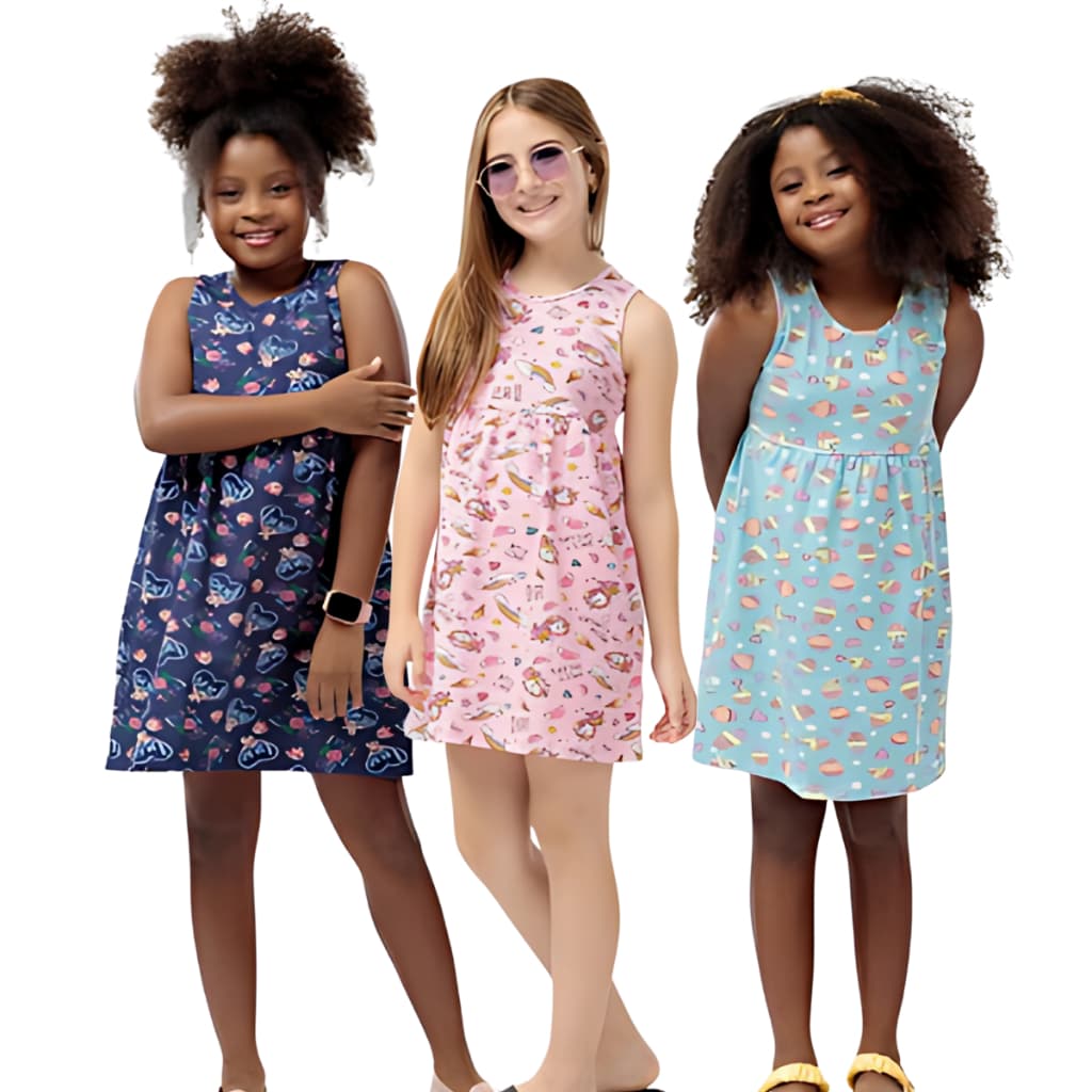 Vestido Infantil de Cotton Sortido Estampado Menina Algodão Criança Verão Conforto Alça