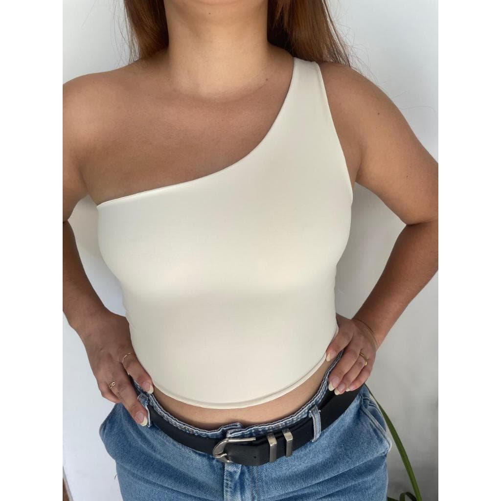 Top Cropped Um Ombro Forrado Poliamida Alta Qualidade Proteção UV50+ Casual Academia