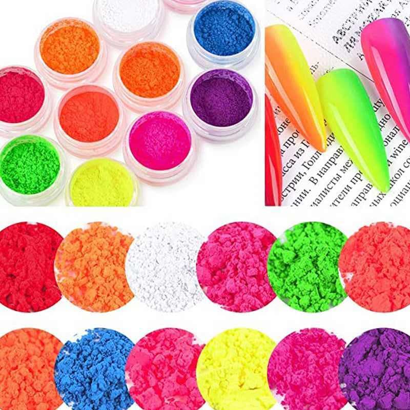 Pó Neon Fluorescente para Unhas e Maquiagem - 6 Cores Ultra Fino, Fácil Aplicação
