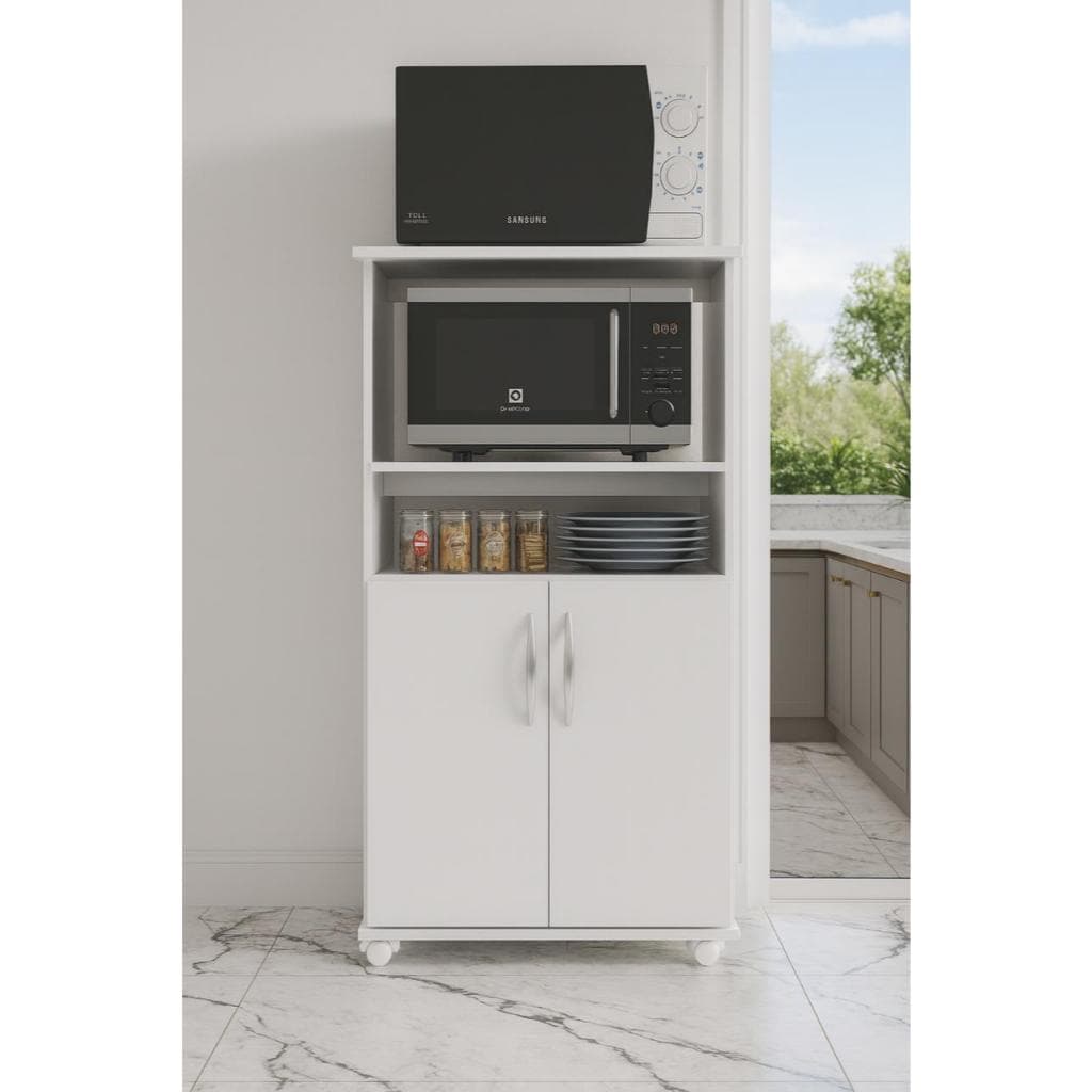 QUEIMA DE ESTOQUE - Armário Fruteira Forno com Suporte para Microondas e Balcão Multiuso C/ Rodinhas