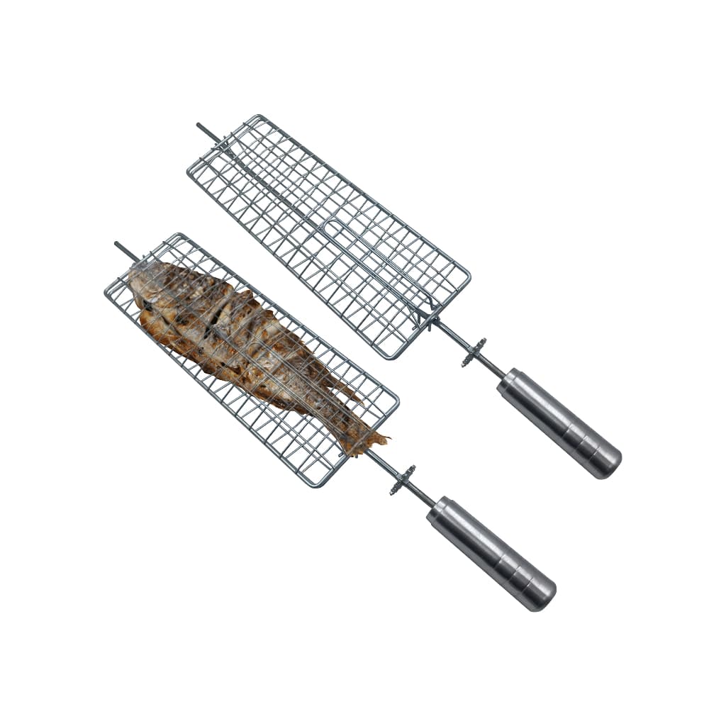 Kit 2 Espetos Grelha Para Churrasqueira Grill Giratório Peixe Coração de Frango Legumes e Miúdos