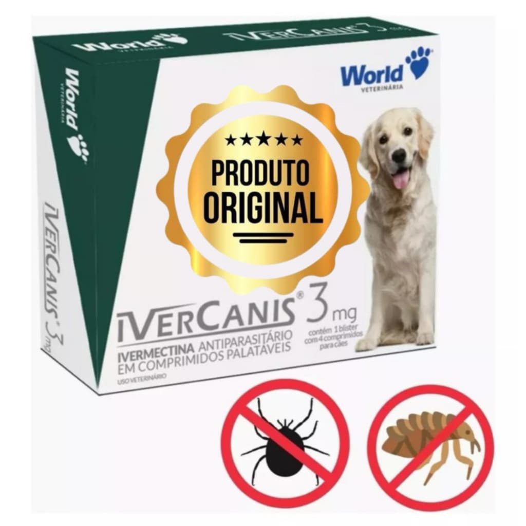 Remedio para carrapato, pulgas e sarna Ivercanis 3mg C/4 Comprimidos - World
