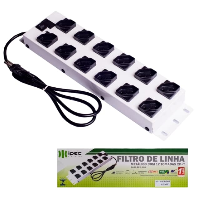 Filtro De Linha Metálico 12 Tomada 3 Pinos Régua Extensão Eletrica Ipec