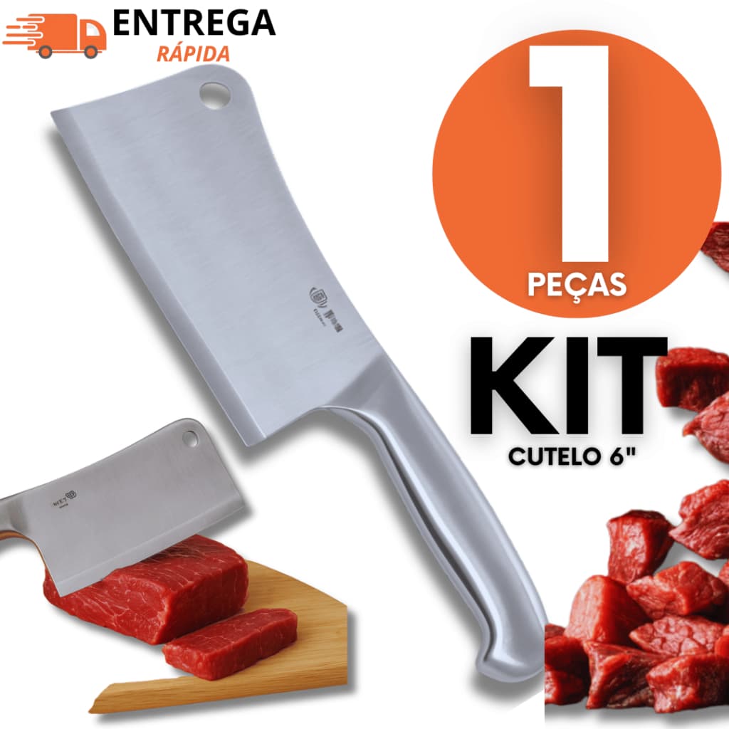 Cutelo 6 Inox Resistente Para Cortar Ossos Carnes Ideal Churrasco Açougue Cozinha Profissional