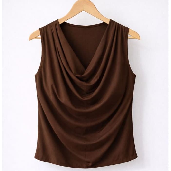 Blusa Feminina Regata Gola Boba Drapeada Suplex Moda Verão Elegante e Moderna para Looks Estilosos Tecido Leve