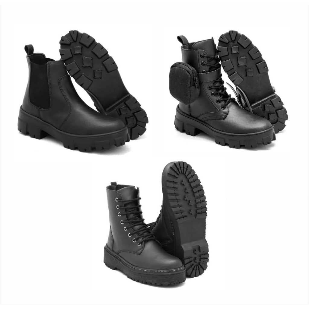 Bota feminina com bag lateral removível+ bota feminina cano médio sola reta+ bota feminina de borracha