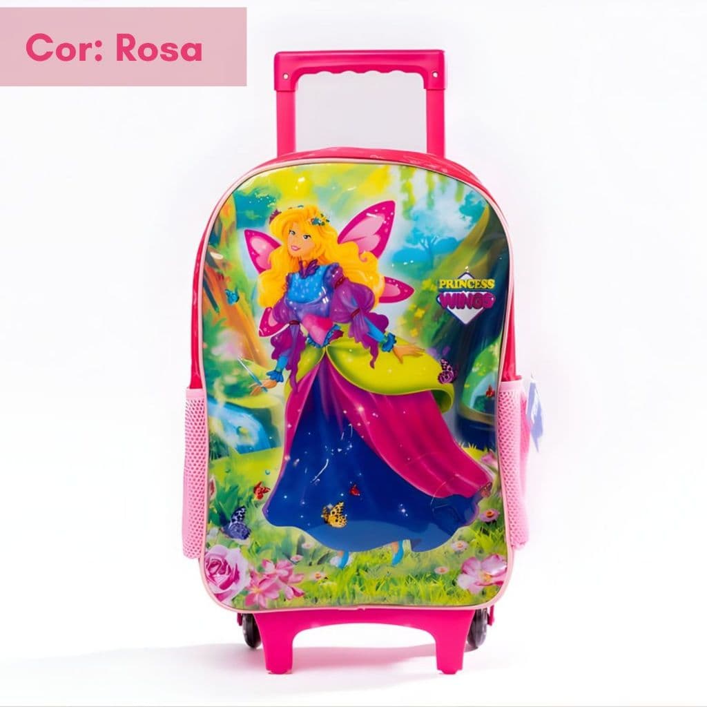 Mochila Escolar Infantil Com Rodinhas Princesa Com Asas - Escola Viagem Prática Durável Rosa