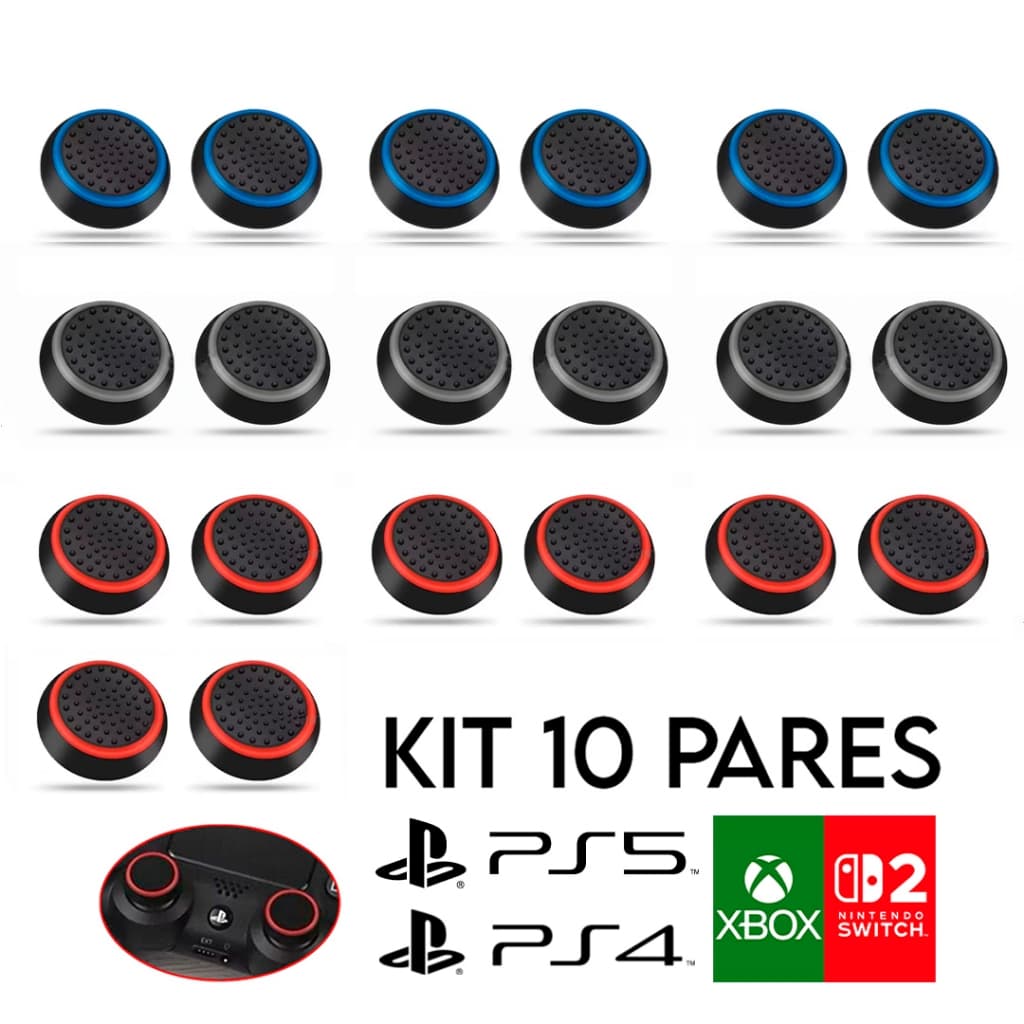 Kit Com 10 Pares - 20 unidades de Grip Para Controle de Silicone Botão Ps3 à Ps5, Xbox, Switch 2 e Wii