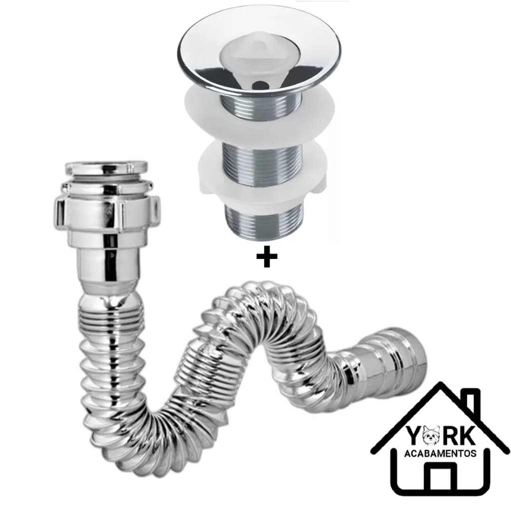 Kit Válvula Lavatório ABS Cromada 7/8 Cuba Sifão Universal Sanfonado Extensivo Branco ou Cromado