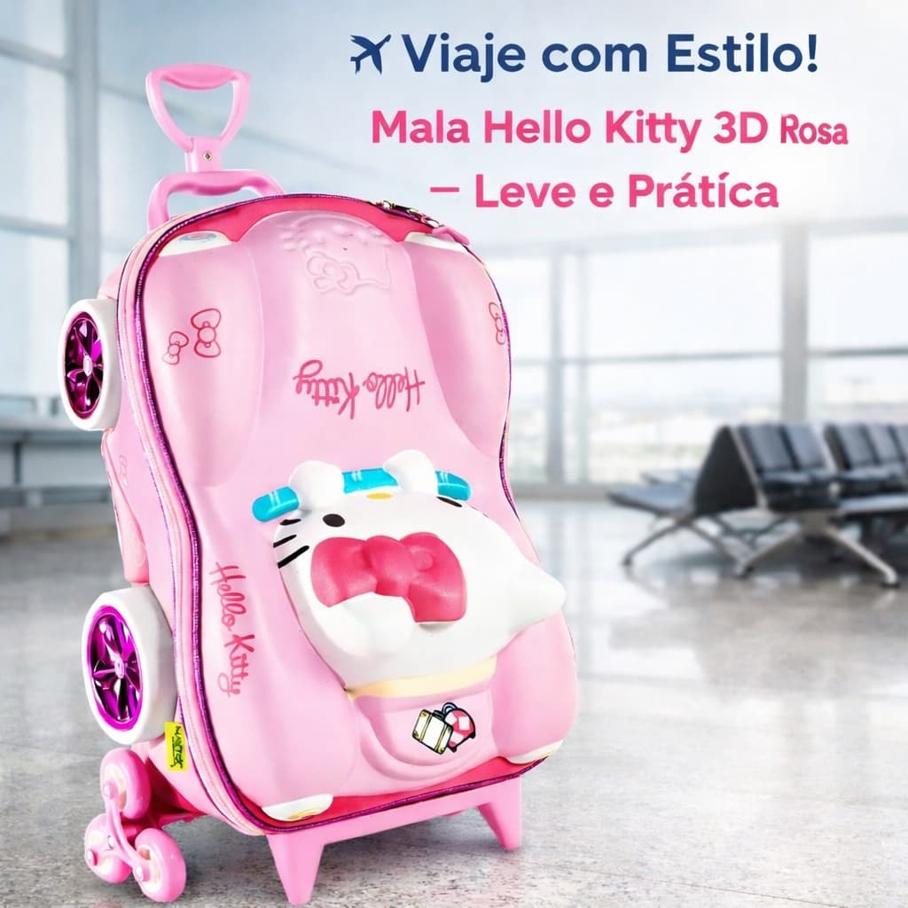 Mala Infantil Hello Kitty 3D com Rodinhas Rosa | Viagem e Escola. Mochila de Rodinha para menina.
