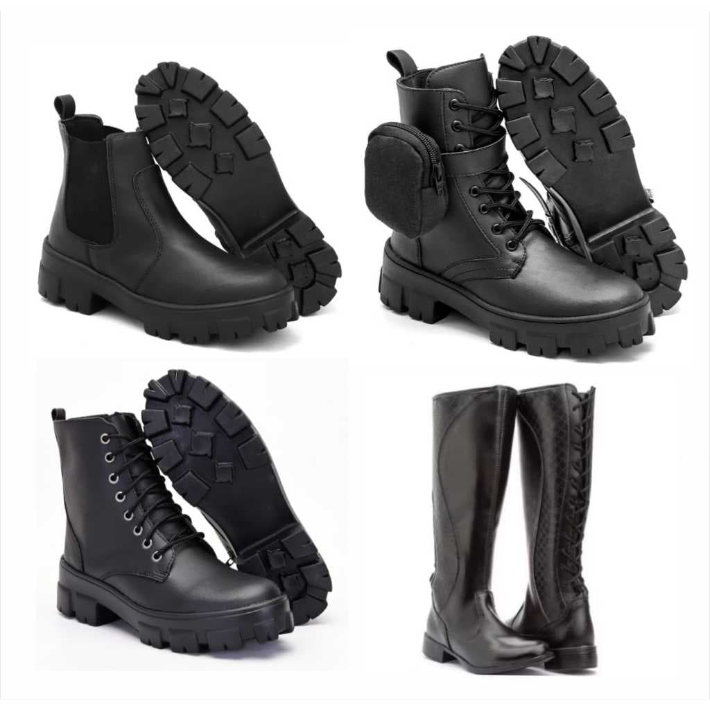 Bota cano alto preta feminina+ bota com bag lateral feminina+ bota de borracha feminina+ bota tratorado feminina preto