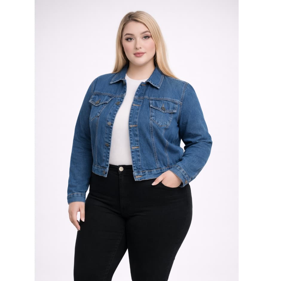 Jaqueta Plus Size Jeans Feminina Lavagem Media Manga Longa Estilo Tradicional Atemporal Moderno