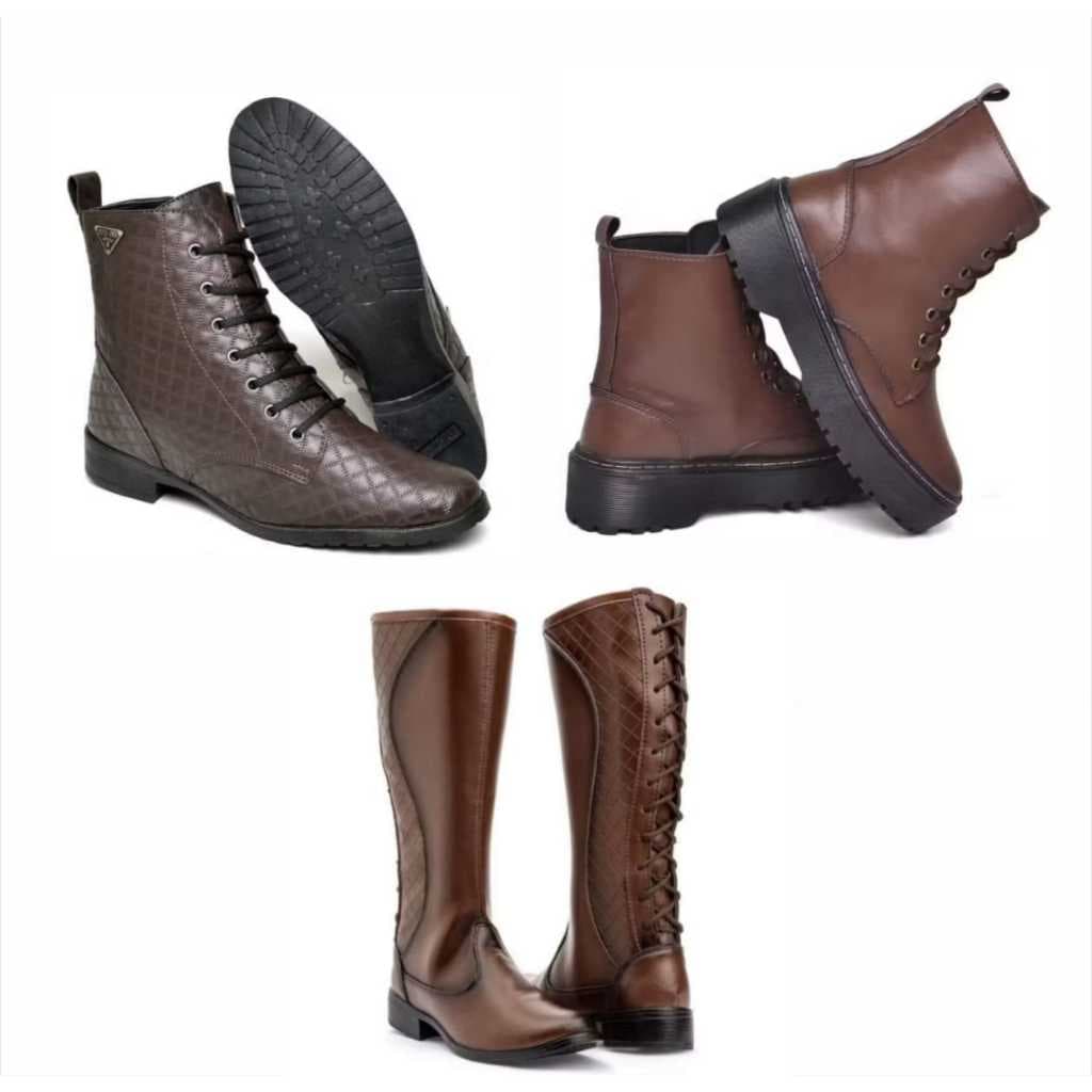 Bota cano alto feminina+ Bota feminina cano médio marrom+ bota coturno feminina marrom cano médio