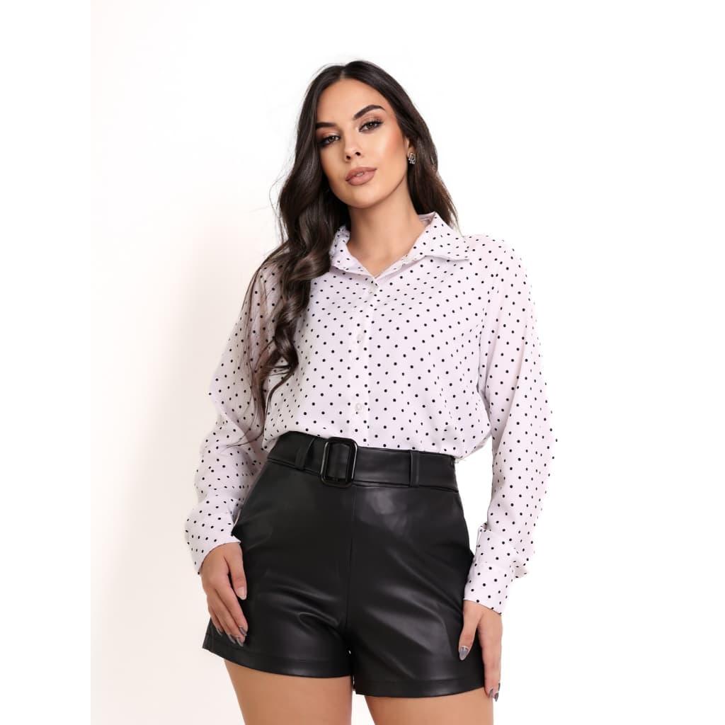 YW & X MODA    camisa social de bolinhas feminina manga longa tecido crepinho