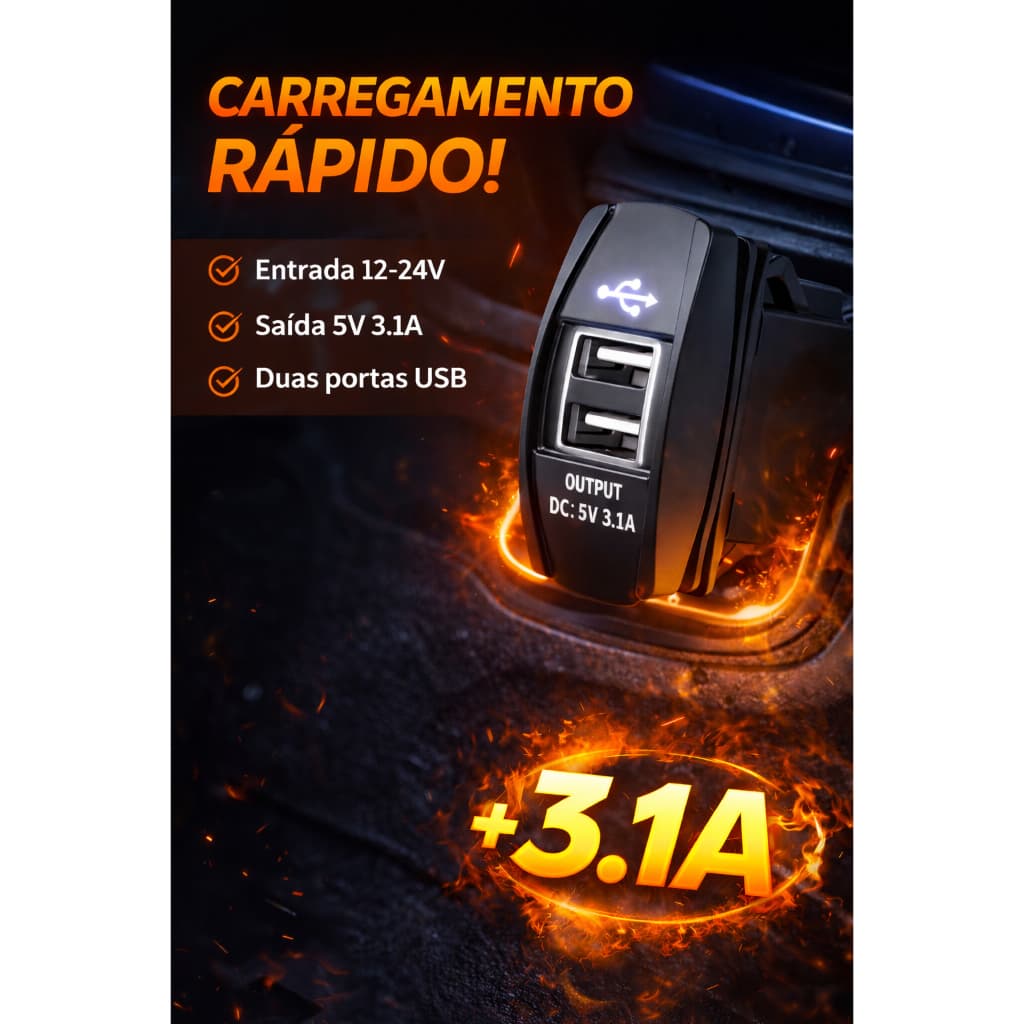 Carregador de Carro USB Duplo 3.1A Rápido e Seguro para Celulares e Tablets