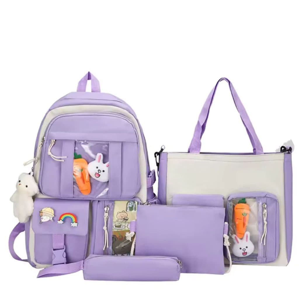 Kit Mochila Escolar Coreana Reforçada Completo 4 Peças - Mochila, Bolsa Lateral, Estojo, Saquinho e Bolsinha Escola