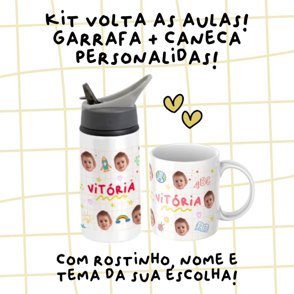 Kit Volta às Aulas Personalizado – Garrafa + Caneca - com nome, foto e tema de sua escolha